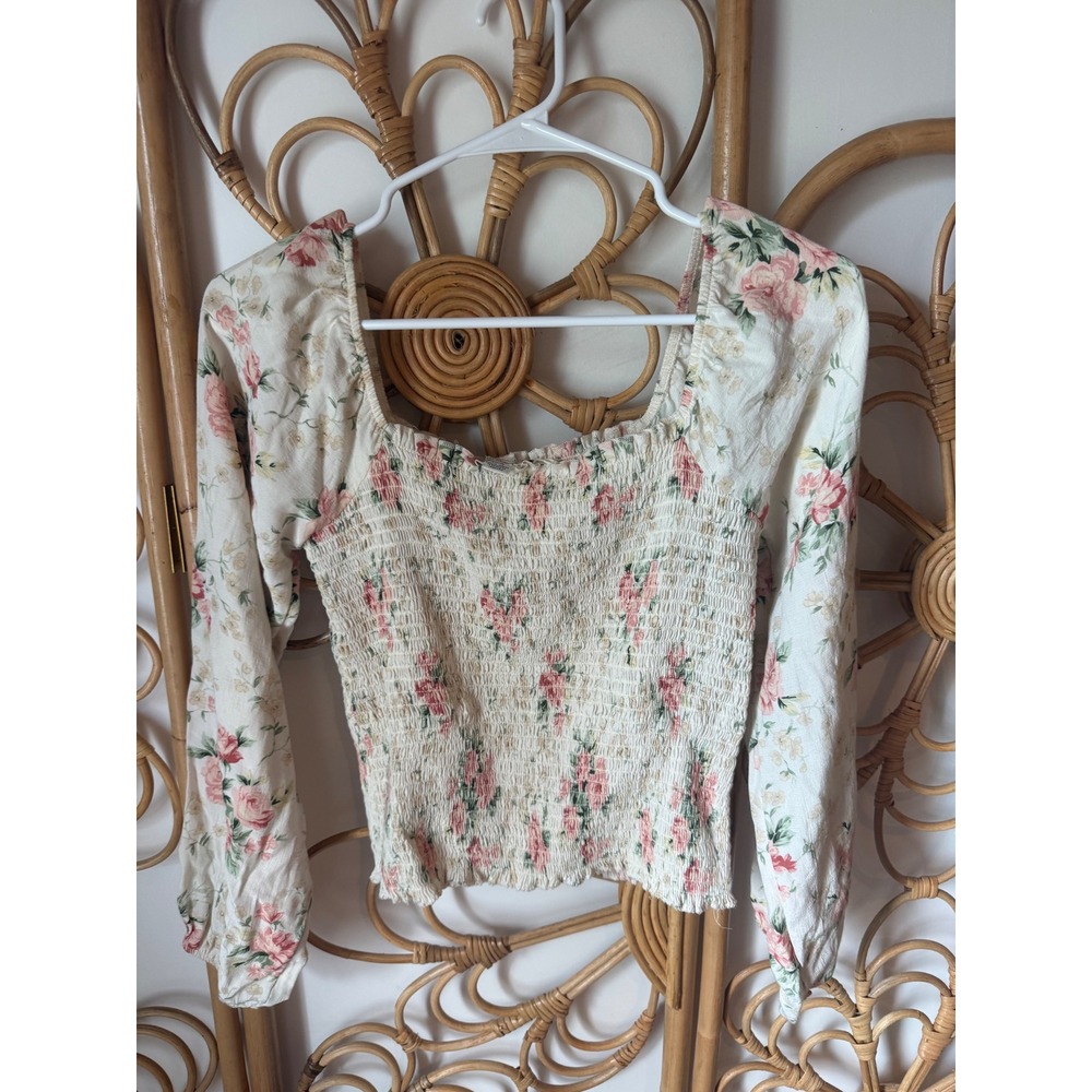 American Eagle Floral Smocked Long Sleeve Top Square Neck Pink Cream Women Small